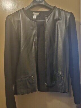 Black Faux Leather Front Knit Jacket - Women's